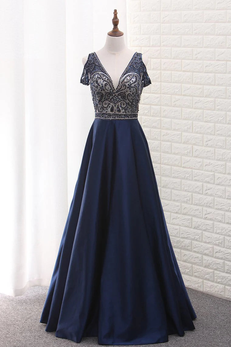 V Neck Beaded Bodice Satin A Line Open Back Floor Length Party Dress