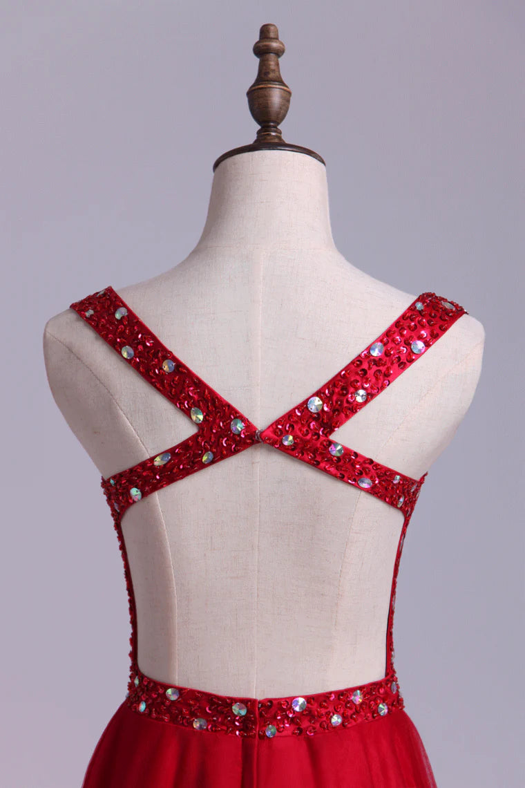 V Neck Burgundy/Maroon Backless A Line/Princess Party Dress With Tulle Skirt Beaded Bodice