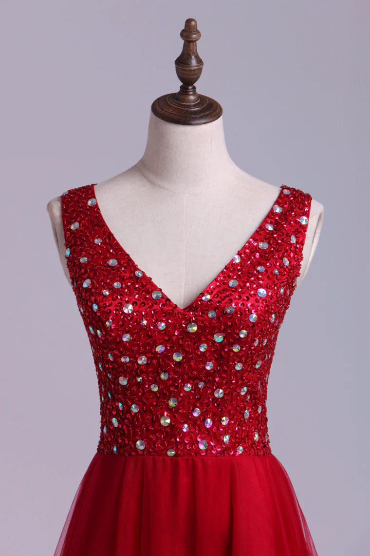 V Neck Burgundy/Maroon Backless A Line/Princess Party Dress With Tulle Skirt Beaded Bodice