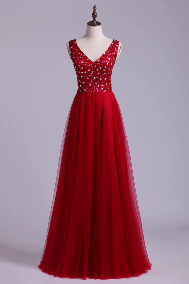 V Neck Burgundy/Maroon Backless A Line/Princess Party Dress With Tulle Skirt Beaded Bodice