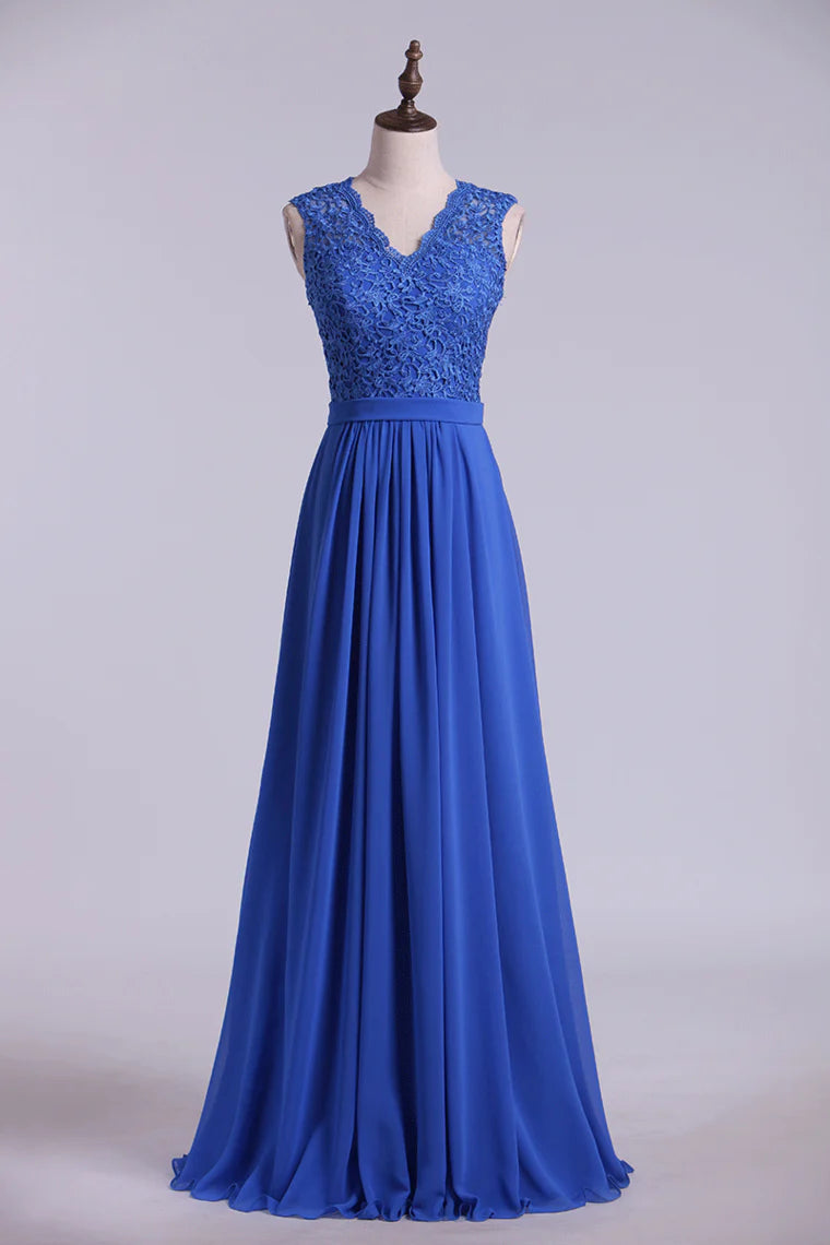 V Neck Cap Sleeves Party Dresses Chiffon Floor Length With Applique