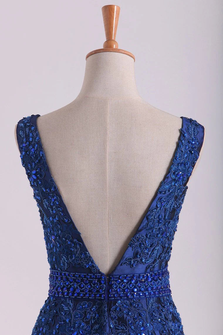 V Neck Mermaid Party Dresses Taffeta With Beads And Applique Sweep Train