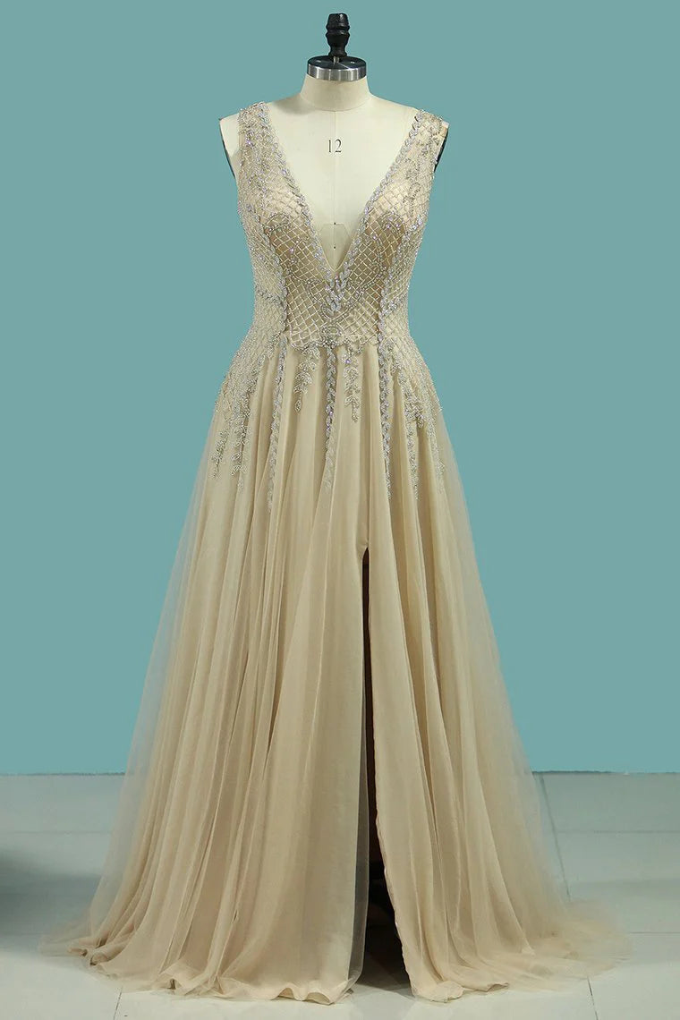 V Neck Open Back Party Dresses A Line Tulle With