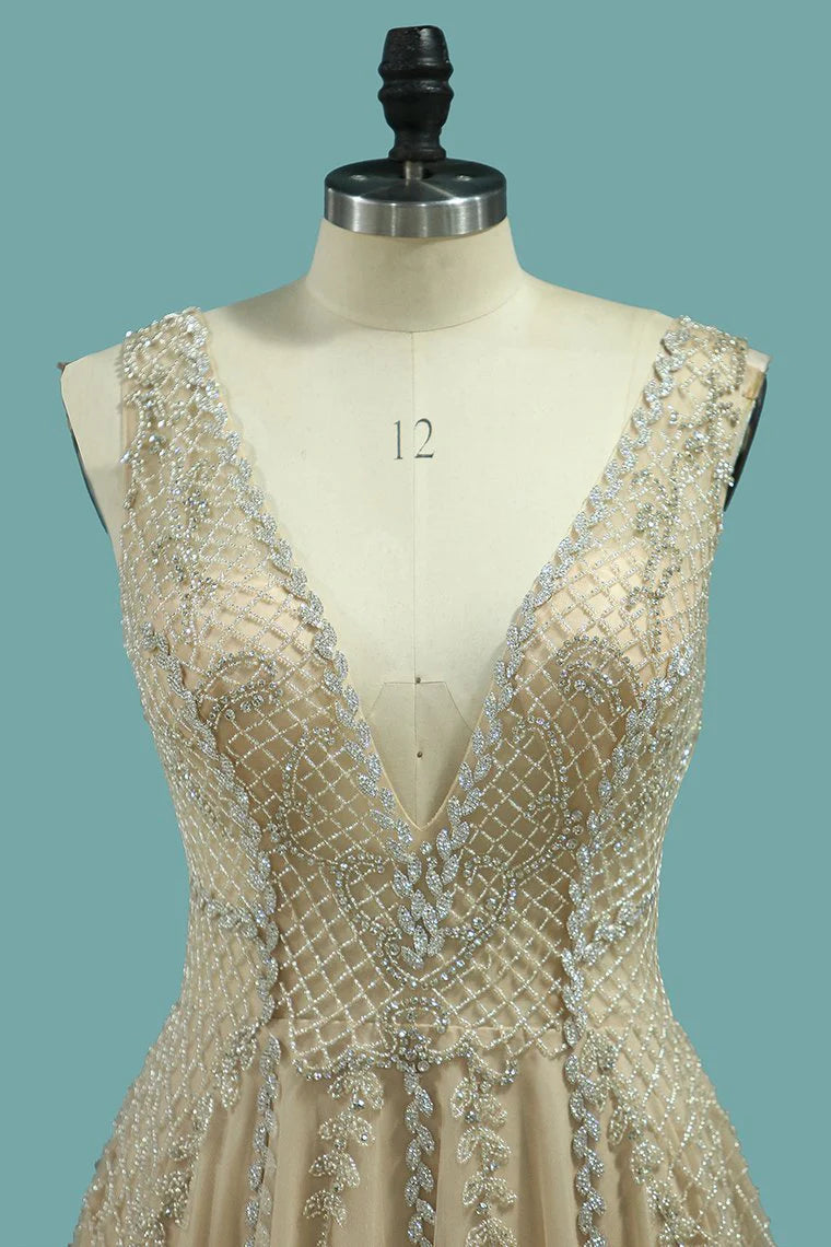 V Neck Open Back Party Dresses A Line Tulle With