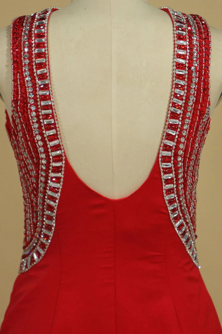 V Neck Open Back Sheath Spandex Party Dresses With Beads Sweep Train