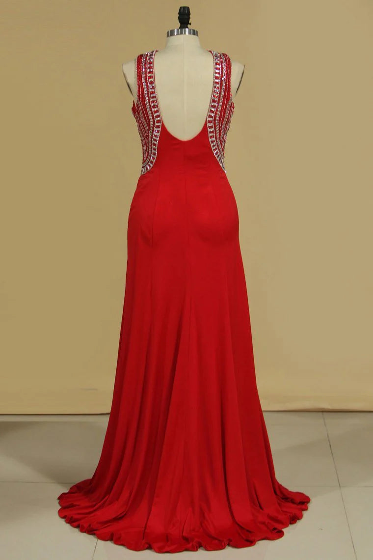V Neck Open Back Sheath Spandex Party Dresses With Beads Sweep Train