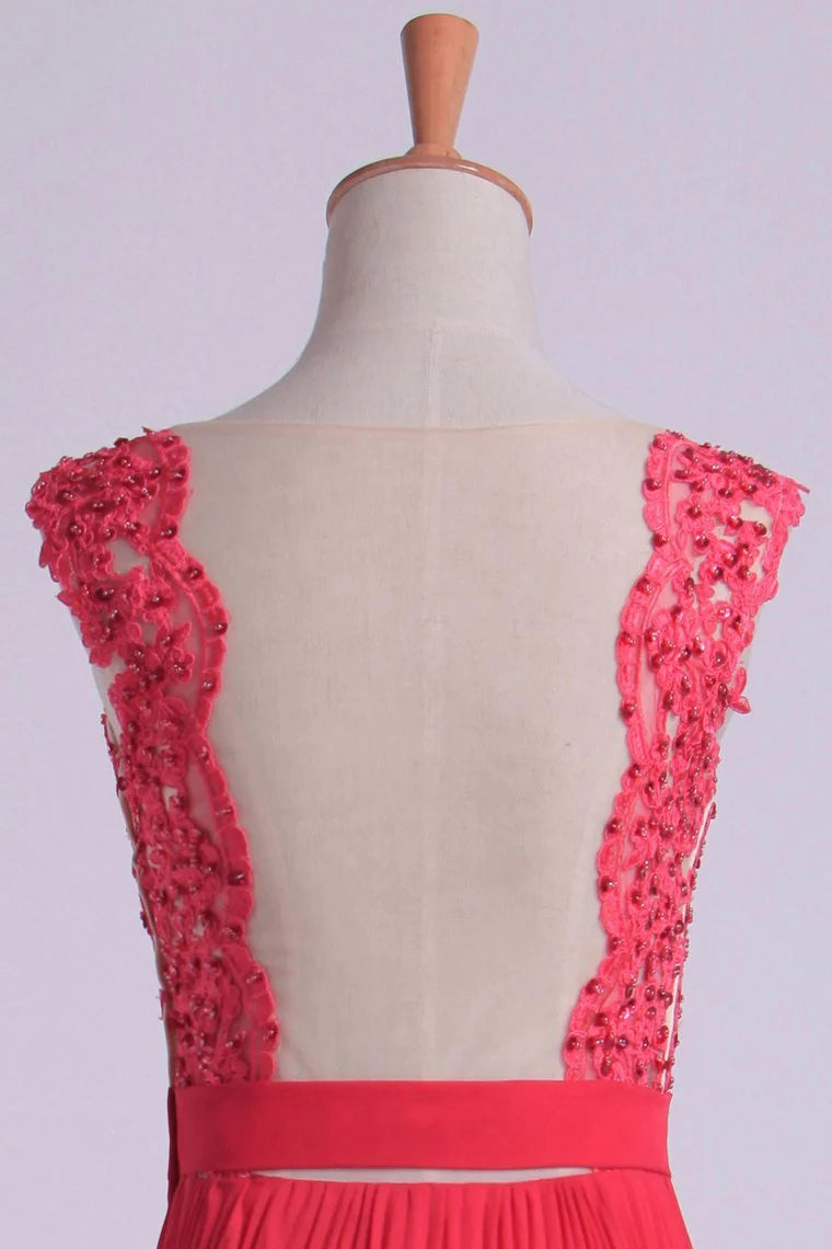 V Neck Party Dress Appliqued Bodice Ruched Waistband Flowing Chiffon Skirt