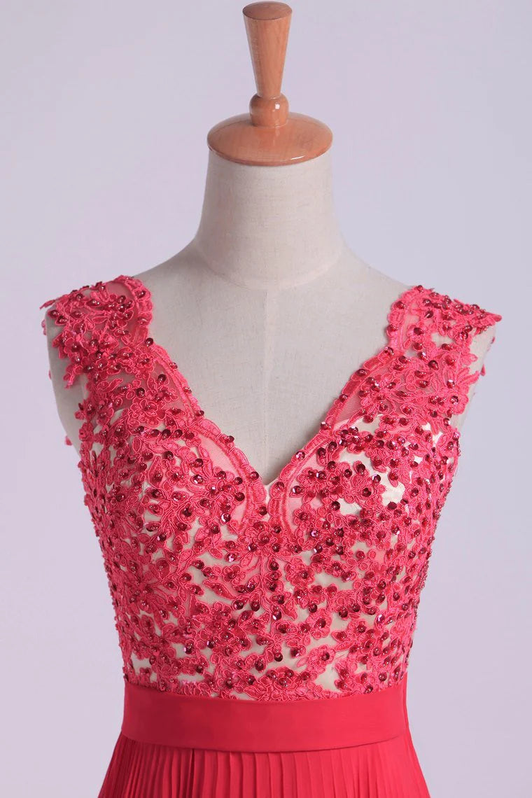 V Neck Party Dress Appliqued Bodice Ruched Waistband Flowing Chiffon Skirt