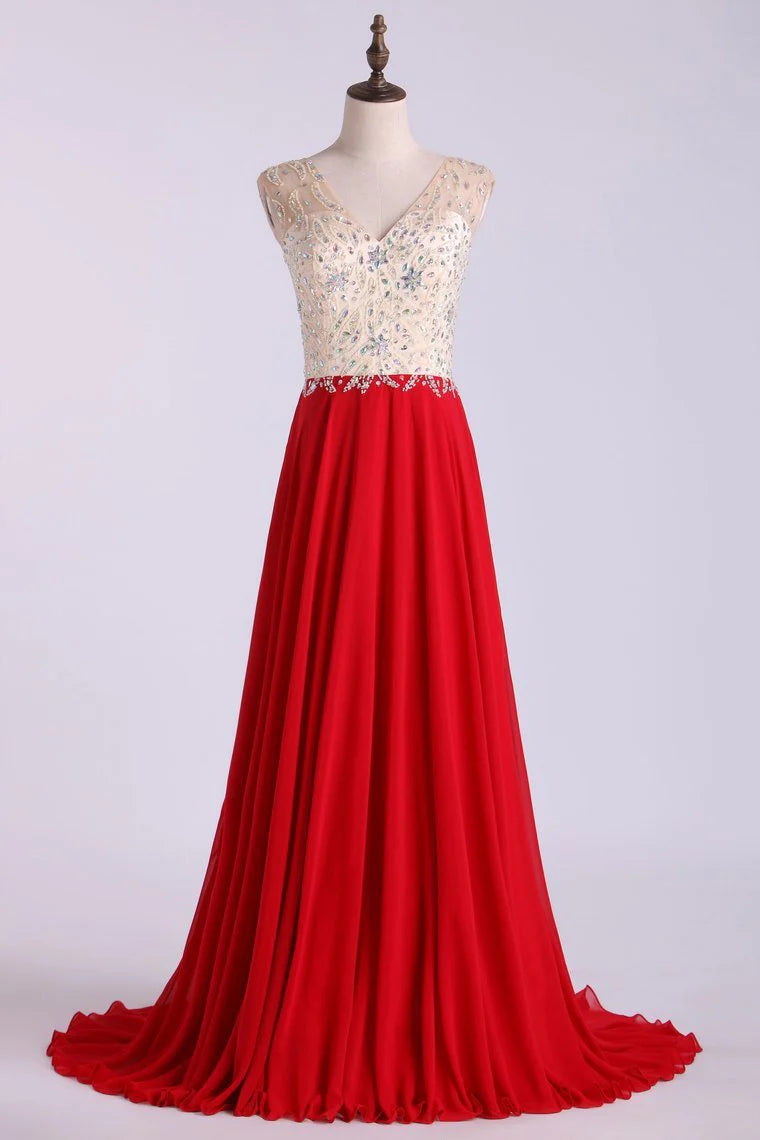 Party Dresses A Line Beaded Bodice Sweep Train Chiffon And Tulle