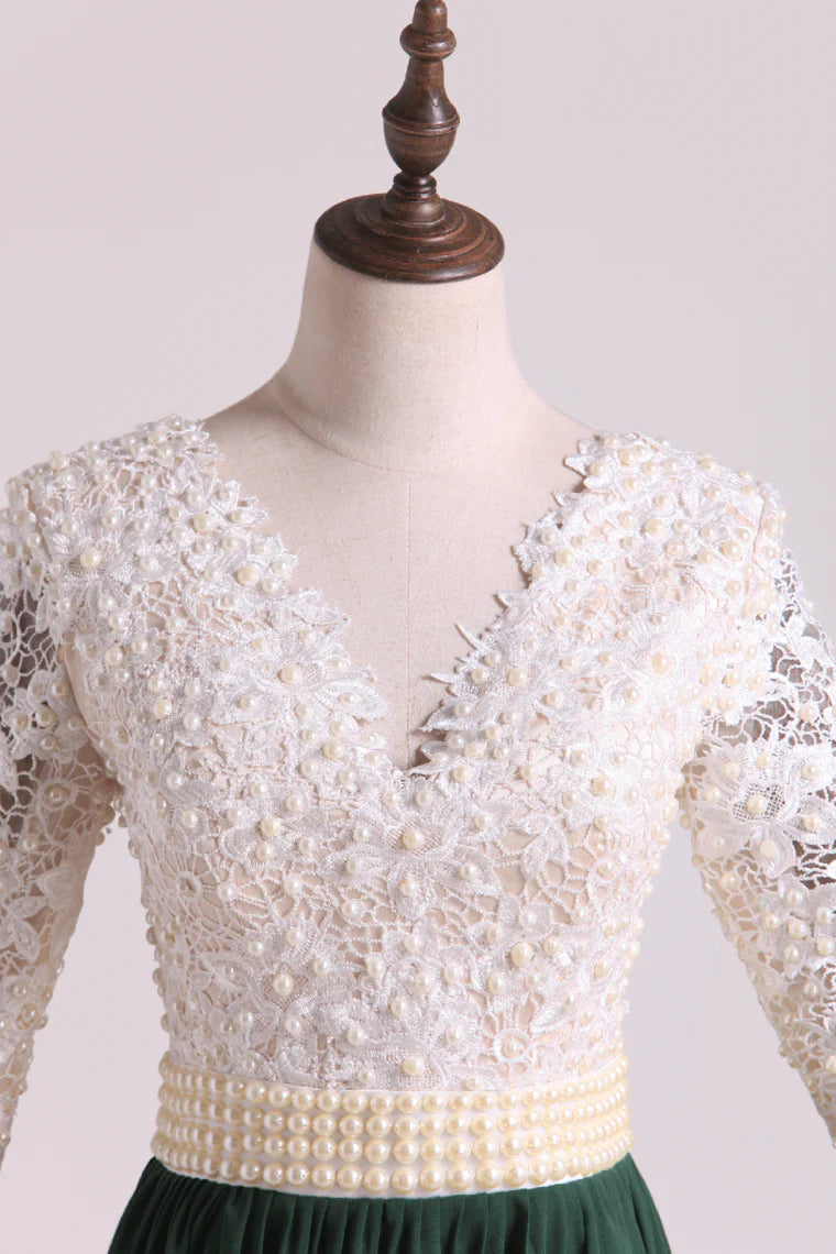 V-Neck Party Dresses A Line Chiffon With Applique Sweep Train