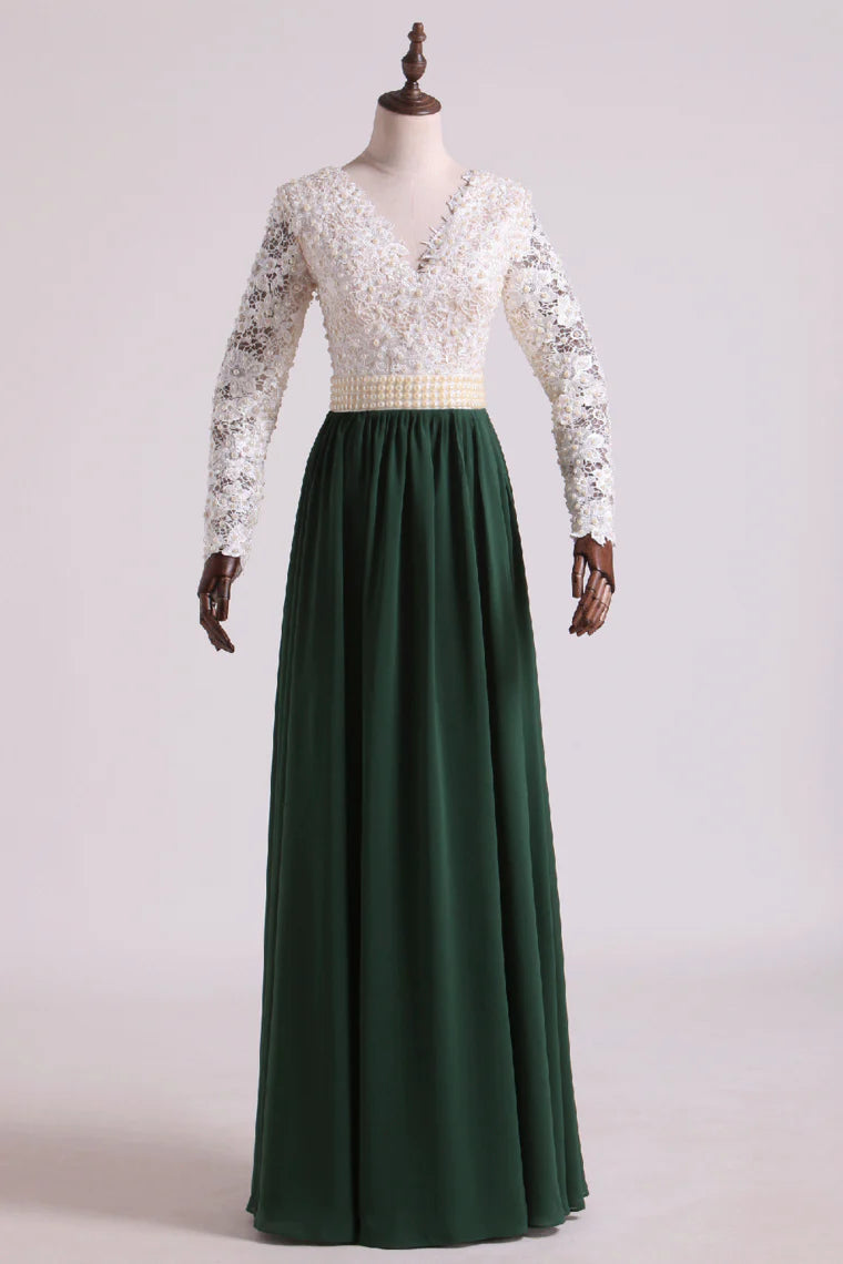 V-Neck Party Dresses A Line Chiffon With Applique Sweep Train