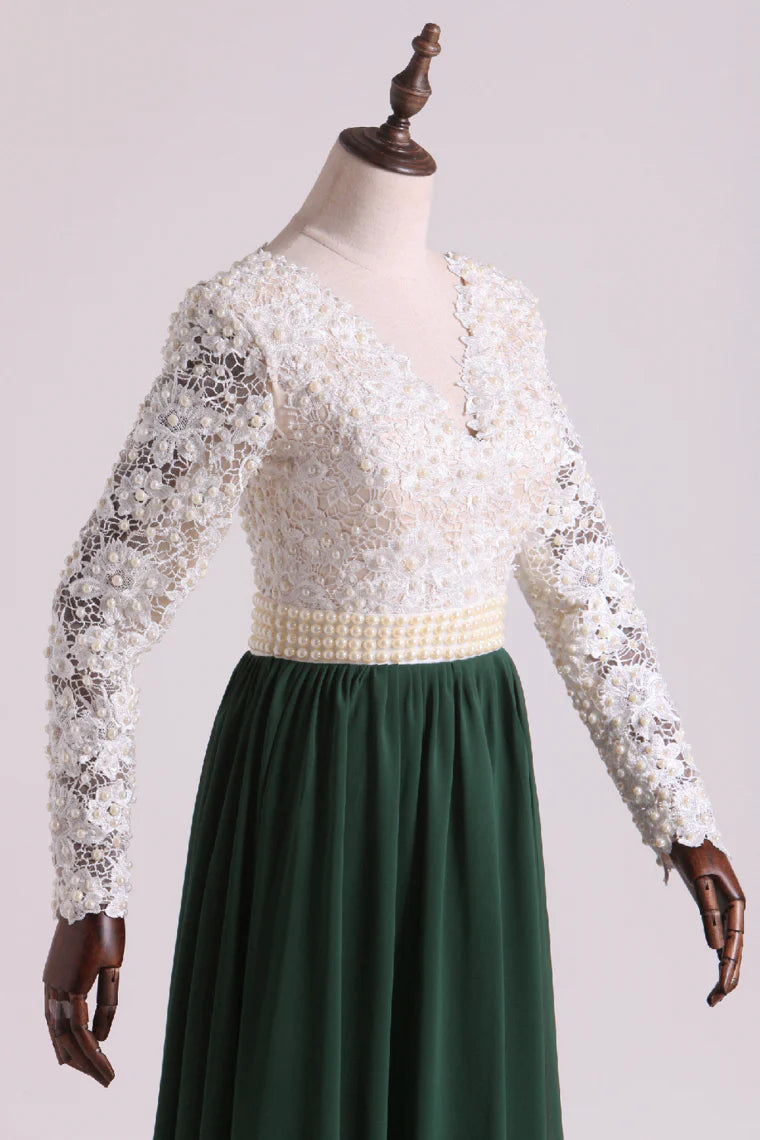 V-Neck Party Dresses A Line Chiffon With Applique Sweep Train