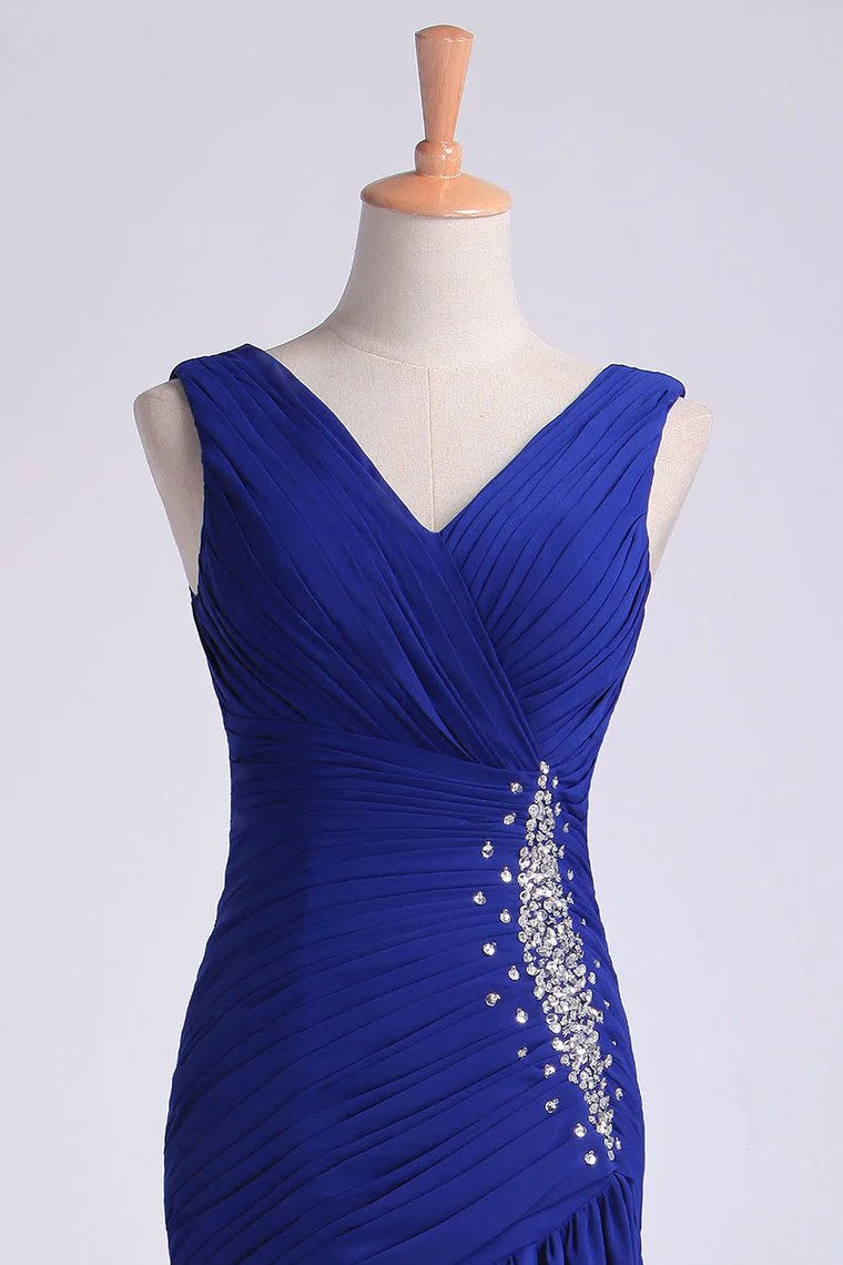V Neck Pleated Bodice Column Sweep Train Party Dress With Beads