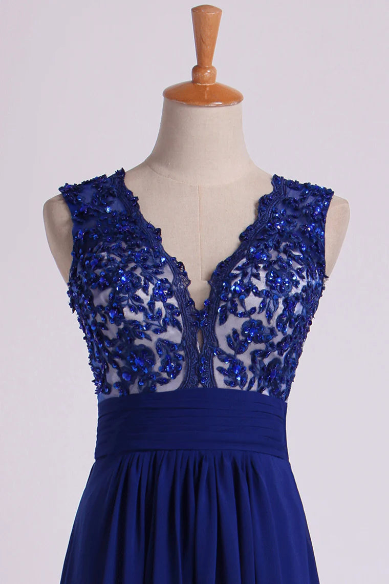 V Neckline Party Dresses Ruched Waistband Tulle Back Flowing Chiffon Skirt Full Length