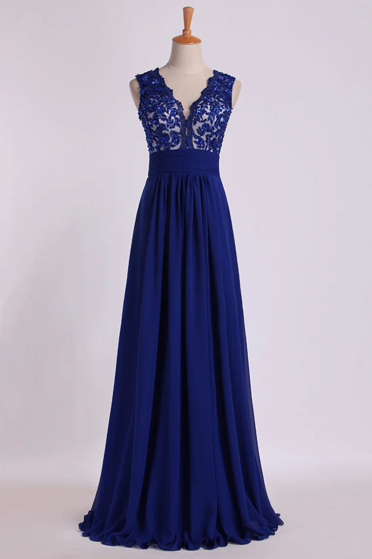 V Neckline Party Dresses Ruched Waistband Tulle Back Flowing Chiffon Skirt Full Length