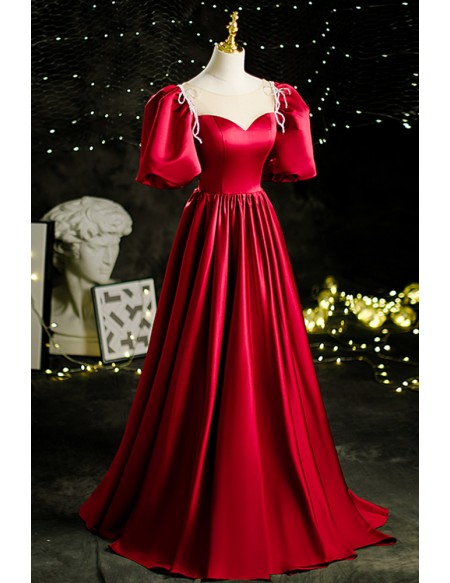 Princess Bubble Sleeves Satin Formal Dress For Parties