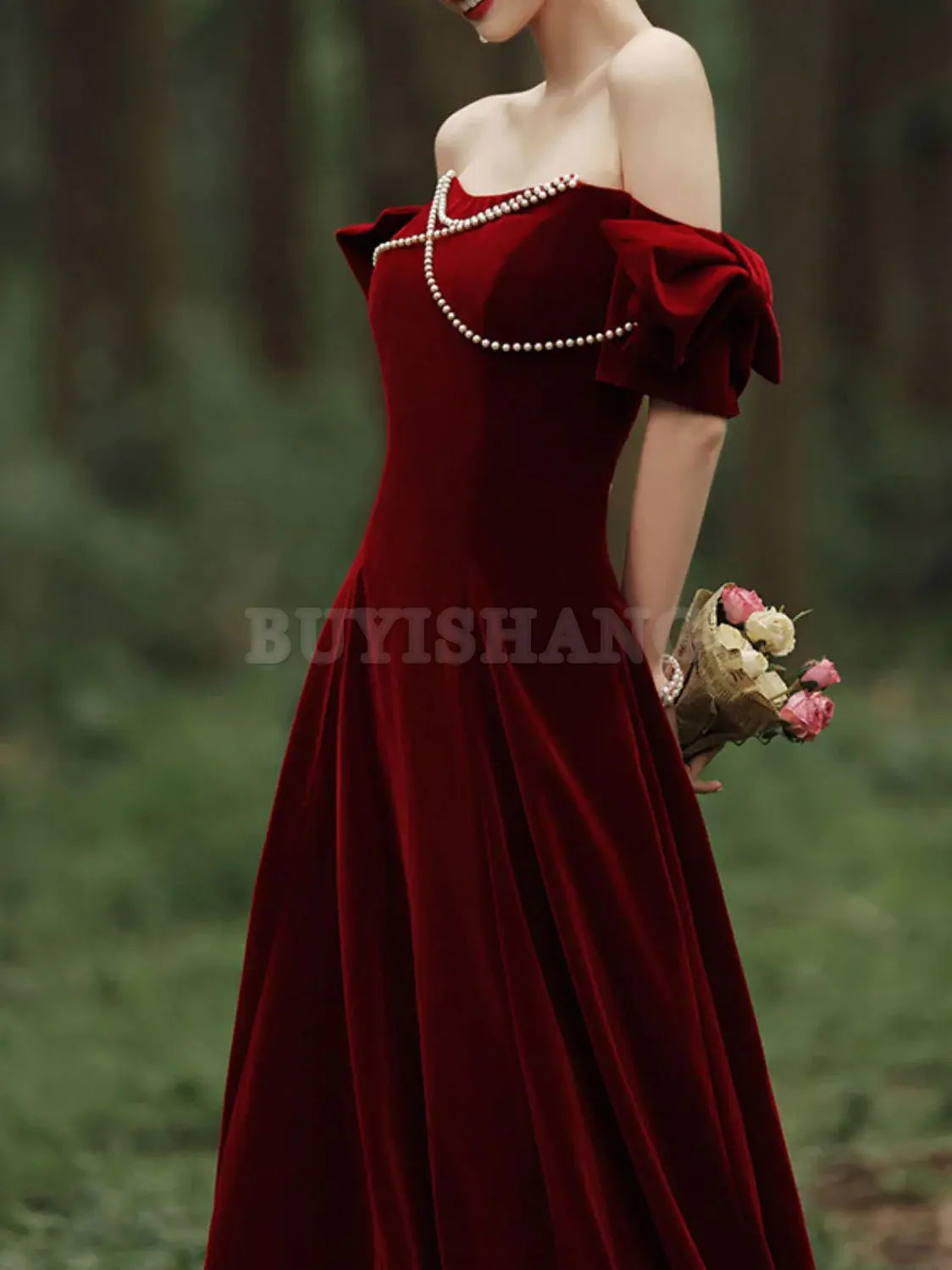 Buyishang Velvet A Line Burgundy Long Prom Dress Burgundy Formal Evening Dresses prom dresses shops