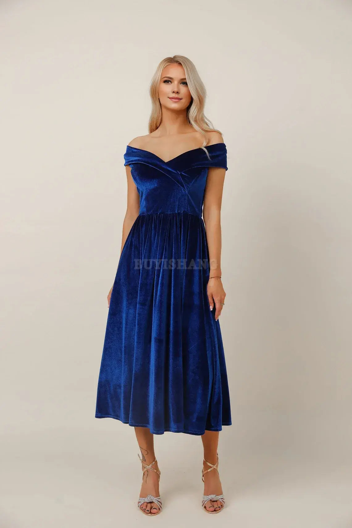 Buyishang Velvet Dress Prom Dress Velvet Bridesmaids Dress Off The Shoulder Royal Blue Dress