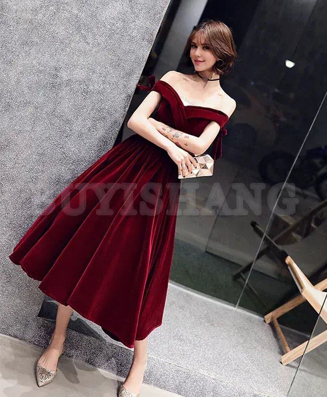 Buyishang Velvet Off Shoulder Burgundy Prom Dresses Velvet Homecoming Dresses prom dress in store