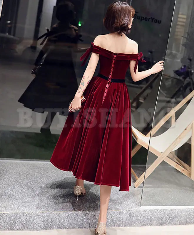 Buyishang Velvet Off Shoulder Burgundy Prom Dresses Velvet Homecoming Dresses prom dress in store