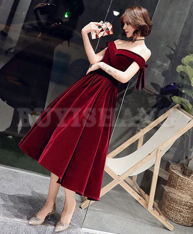 Buyishang Velvet Off Shoulder Burgundy Prom Dresses Velvet Homecoming Dresses prom dress in store