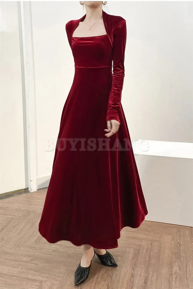 Buyishang Velvet dress for women Bridesmaid Dress Fall Winter Custom Long Sleeve Maxi Dress Plus Size Clothing Party Dress Formal Dress