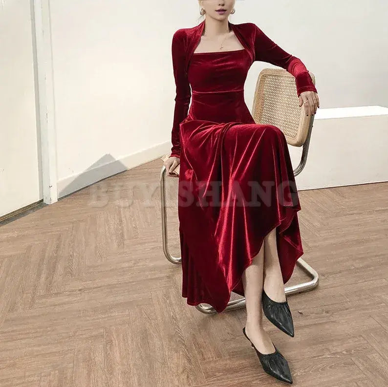 Buyishang Velvet dress for women Bridesmaid Dress Fall Winter Custom Long Sleeve Maxi Dress Plus Size Clothing Party Dress Formal Dress