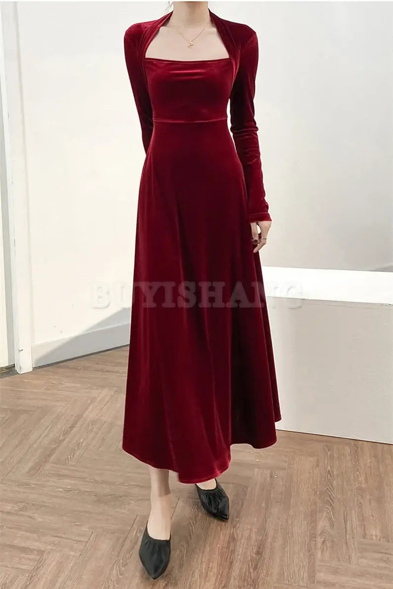 Buyishang Velvet dress for women Bridesmaid Dress Fall Winter Custom Long Sleeve Maxi Dress Plus Size Clothing Party Dress Formal Dress
