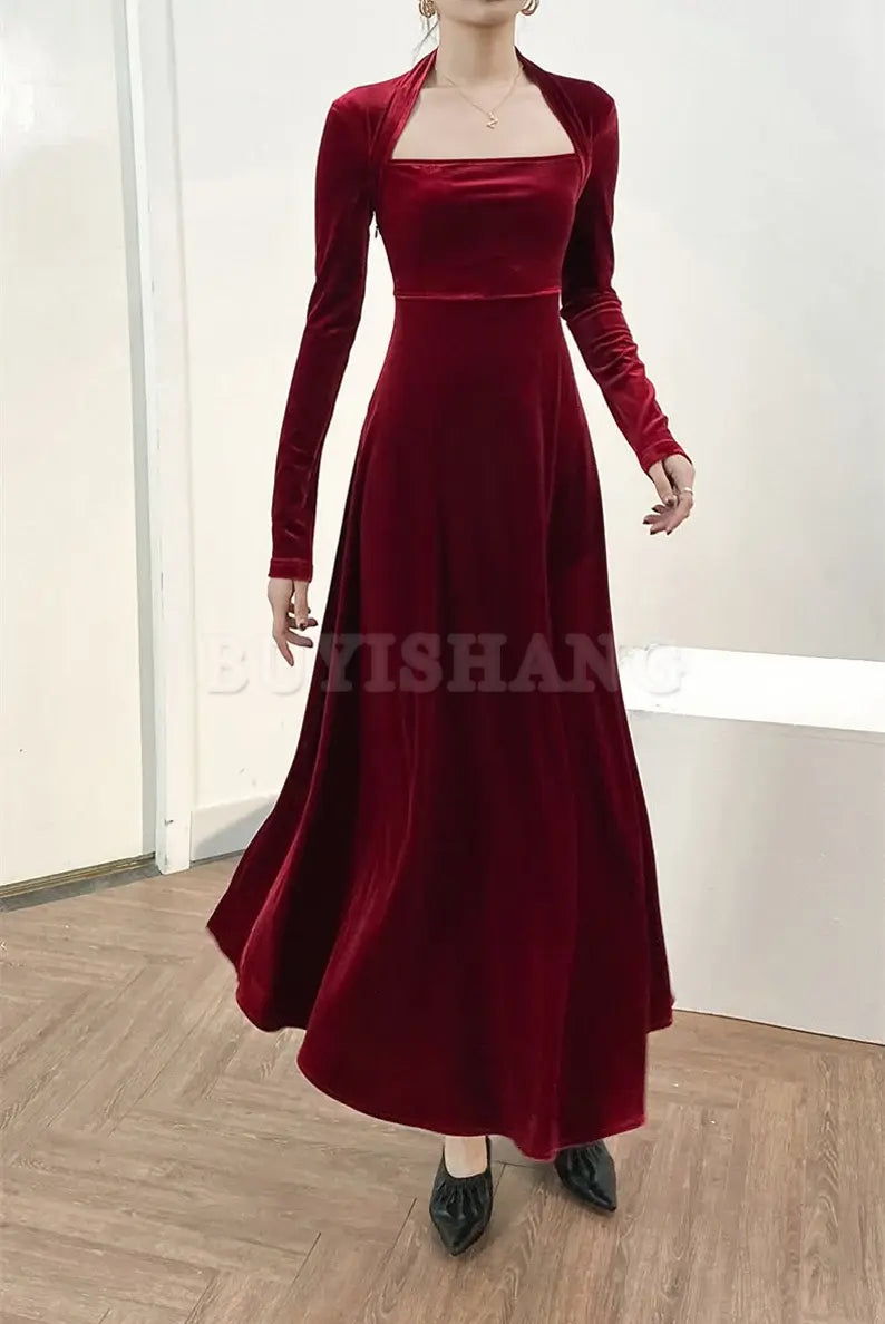 Buyishang Velvet dress for women Bridesmaid Dress Fall Winter Custom Long Sleeve Maxi Dress Plus Size Clothing Party Dress Formal Dress