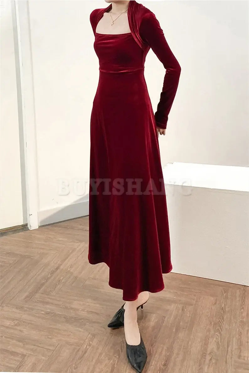 Buyishang Velvet dress for women Bridesmaid Dress Fall Winter Custom Long Sleeve Maxi Dress Plus Size Clothing Party Dress Formal Dress