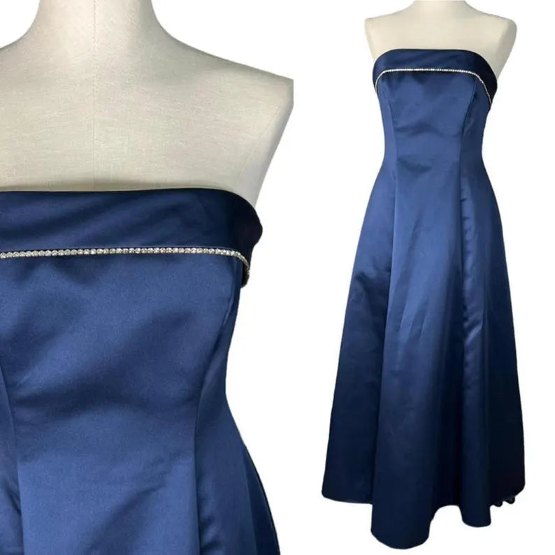 Buyishang Vintage 90s Glam Fit and Flare Strapless Rhinestone Prom Dress Blue
