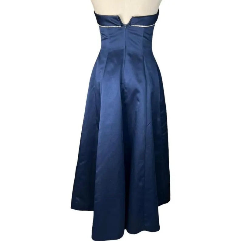 Buyishang Vintage 90s Glam Fit and Flare Strapless Rhinestone Prom Dress Blue