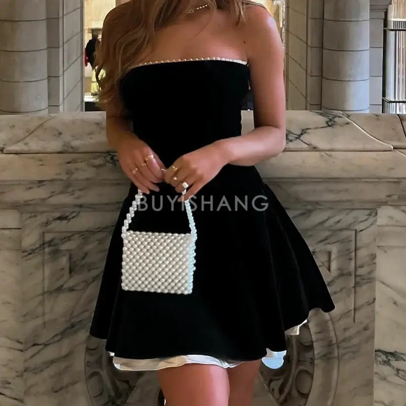 Buyishang Vintage A Line Strapless Black Velvet Birthday Outfits Short Homecoming Dress