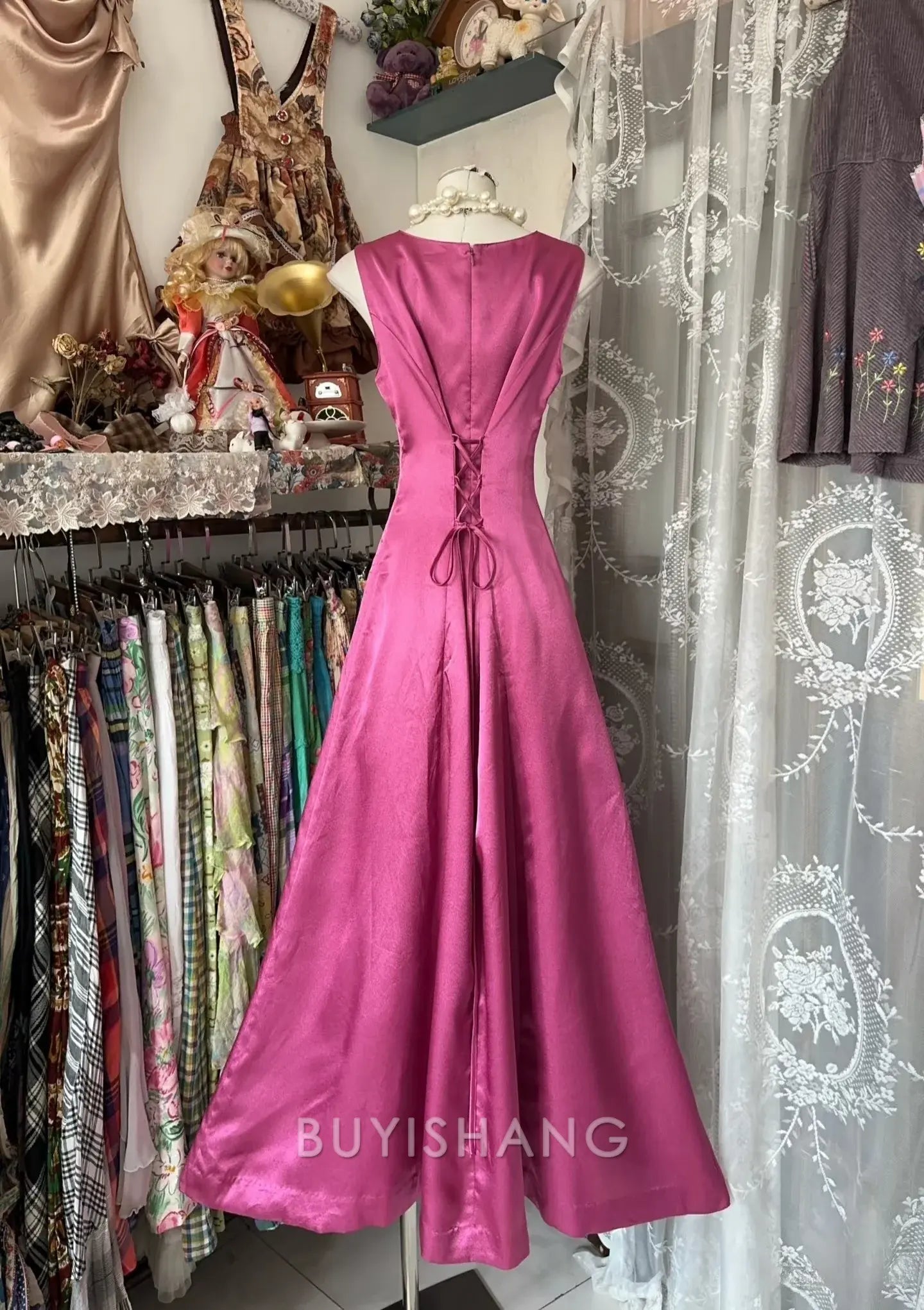 Buyishang Vintage Fashion A line Floor Length Pink Satin Evening Dress Prom Dresses