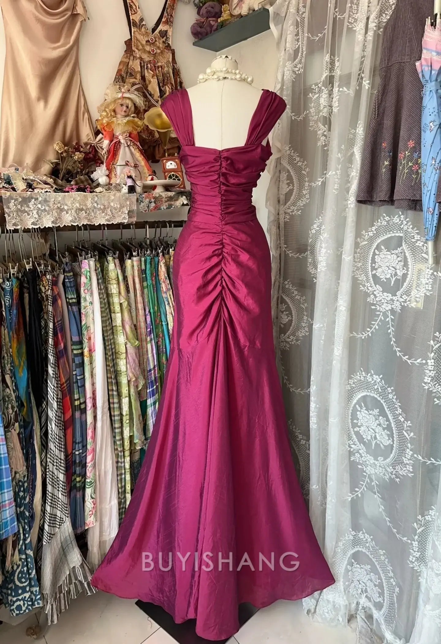 Buyishang Vintage Fashion Mermaid Floor Length Hot Pink Satin Evening Dress Prom Dresses