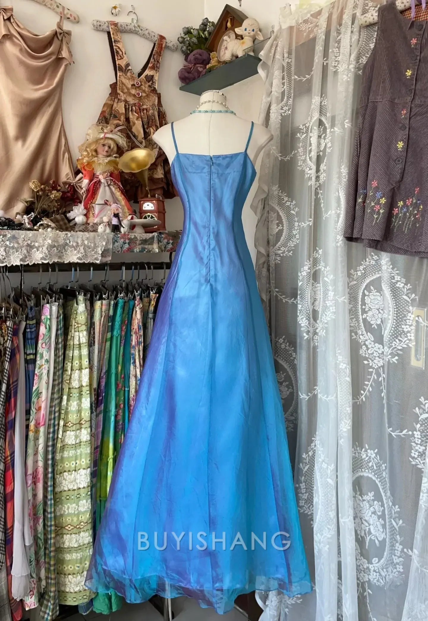Buyishang Vintage Fashion Mermaid Spaghetti Straps Blue Floor Length Evening Dress Prom Dresses