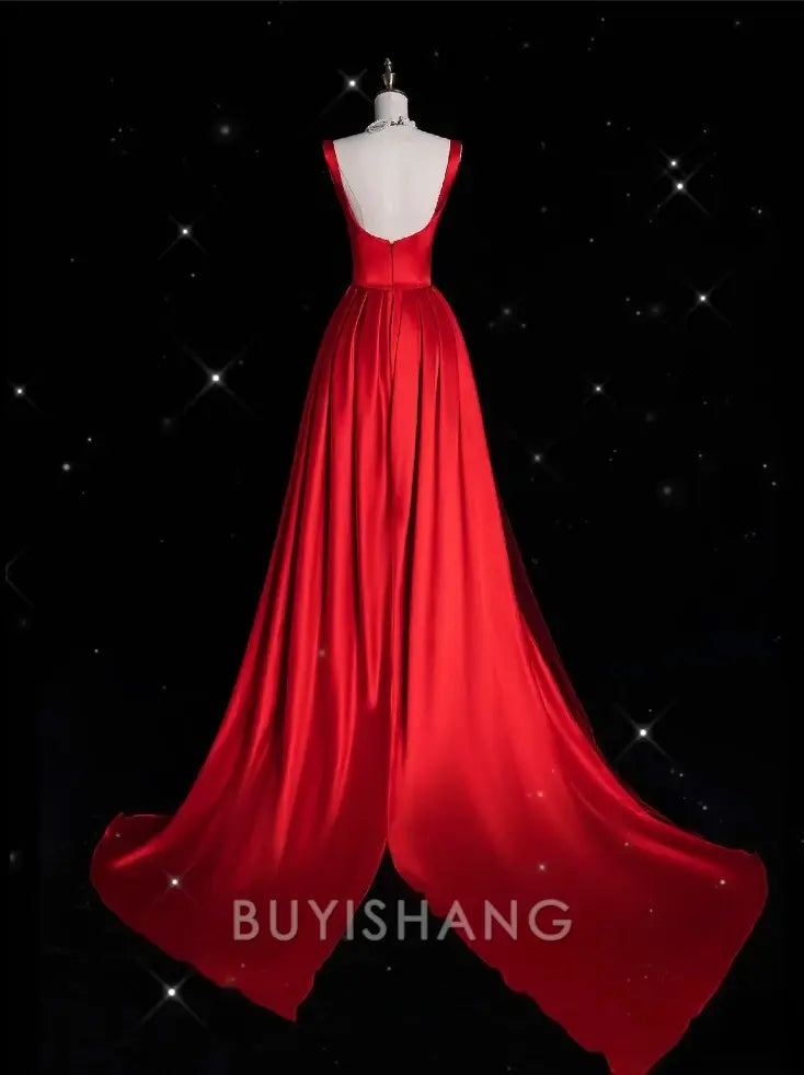 Buyishang Vintage Fashion Sheath Straps Red Satin Floor Length Evening Dress Prom Dresses