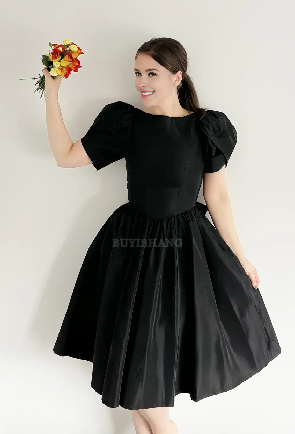 Buyishang Vintage Laura Ashley Dress Black Taffeta Bow Back Audrey Hepburn Style Christmas Party Dress Evenings Dress
