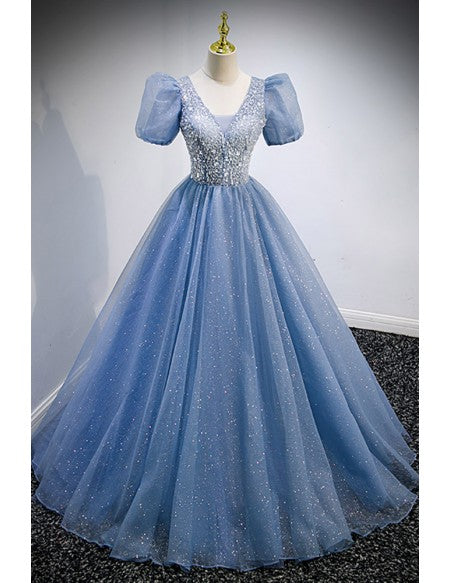 Dreamy Blue Bling Tulle Ballgown Prom Dress Vneck with Bubble Sleeves