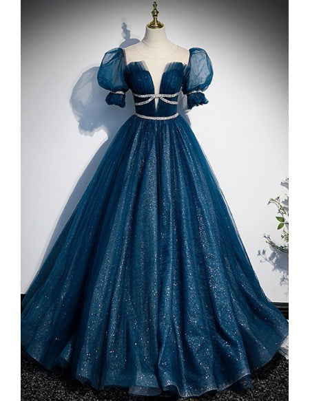 Fantasy Blue Sparkly Bling Prom Dress with Bubble Sleeves