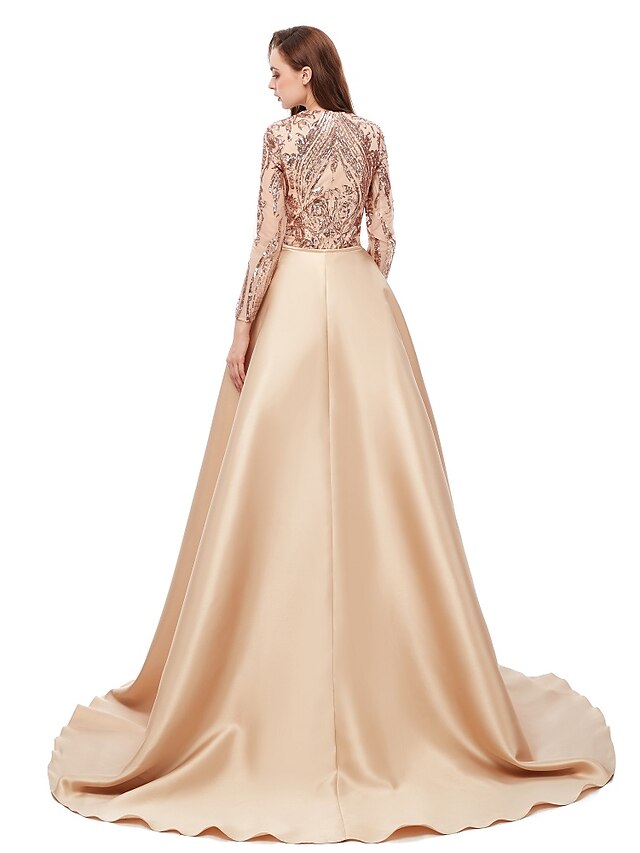 Mermaid Party Dress Evening Gown Luxurious Dress Carnival Wedding Guest Court Train Long Sleeve Jewel Neck Detachable Satin with Sequin Overskirt Pattern / Print