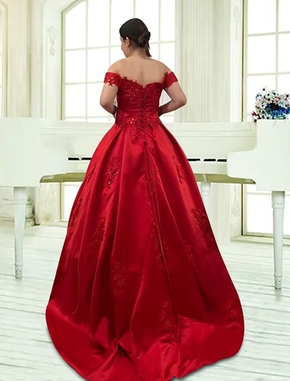 Ball Gown Evening Gown Luxurious Dress Valentine's Day Quinceanera Chapel Train Short Sleeve Off Shoulder Satin with Appliques
