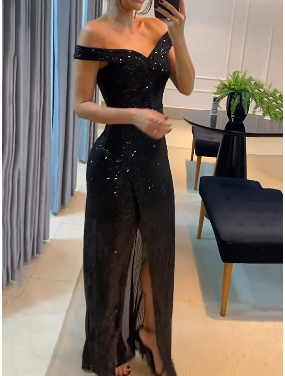 Women‘s Little Black Dress Prom Dress Party Dress Black Sequin Dress Maxi Dress Short Sleeve Spring Fall Winter Off Shoulder Party Evening Party Black Cocktail Dress