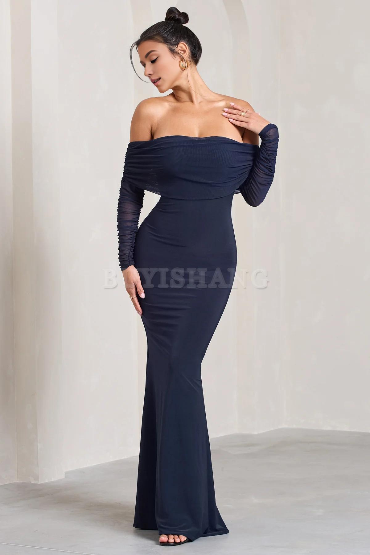 Buyishang Elegant fishtail dress with Bardot mesh long sleeves simple and fashionable stores with prom dresses