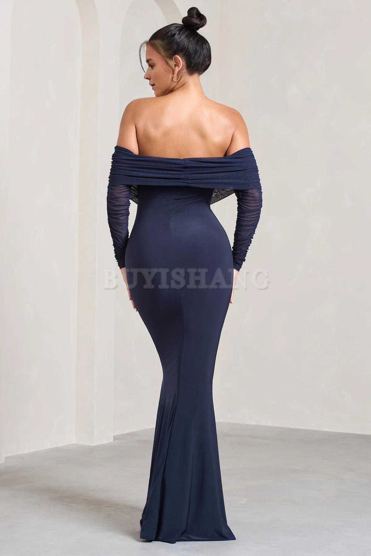 Buyishang Elegant fishtail dress with Bardot mesh long sleeves simple and fashionable stores with prom dresses