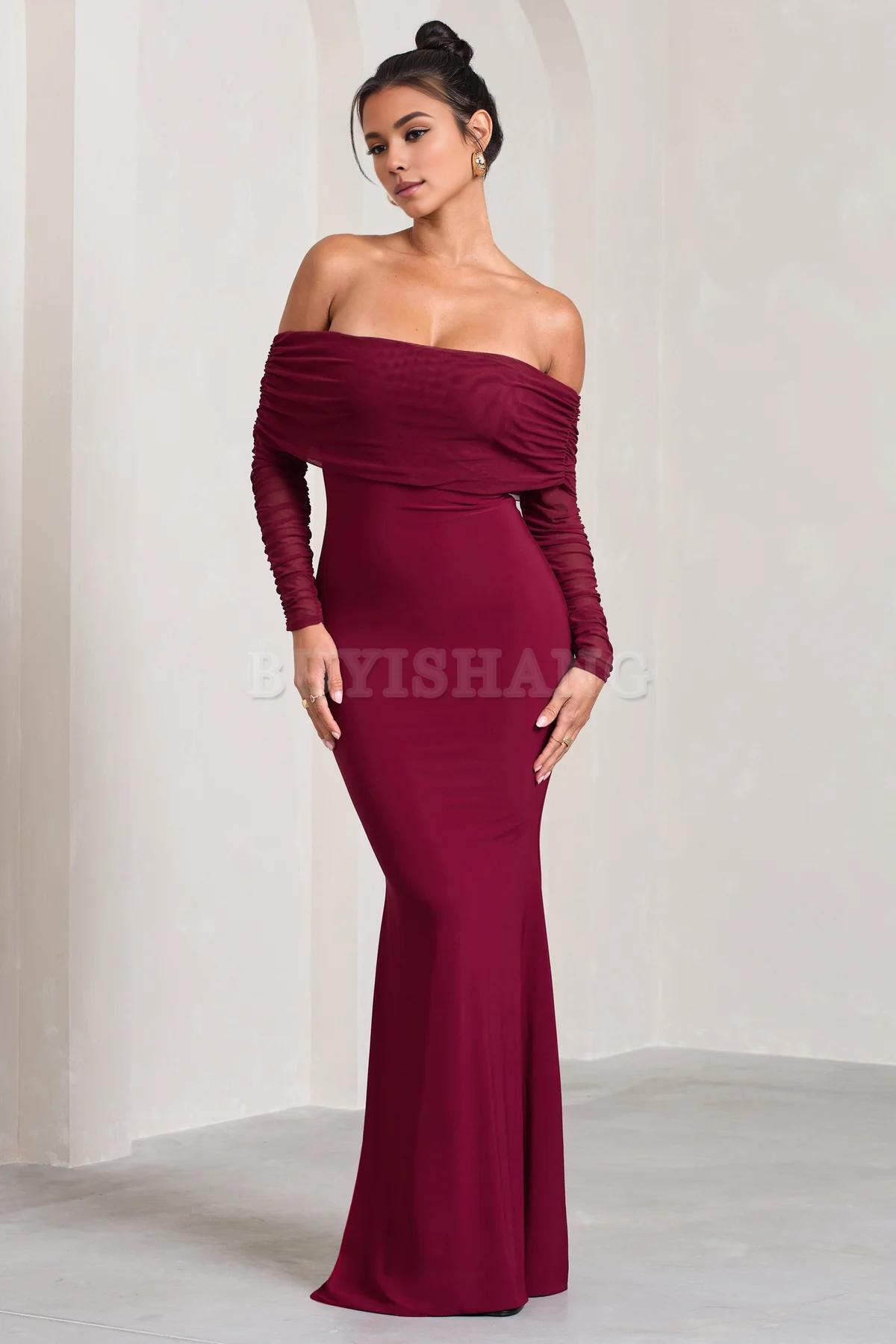 Buyishang Elegant fishtail dress with Bardot mesh long sleeves simple and fashionable stores with prom dresses