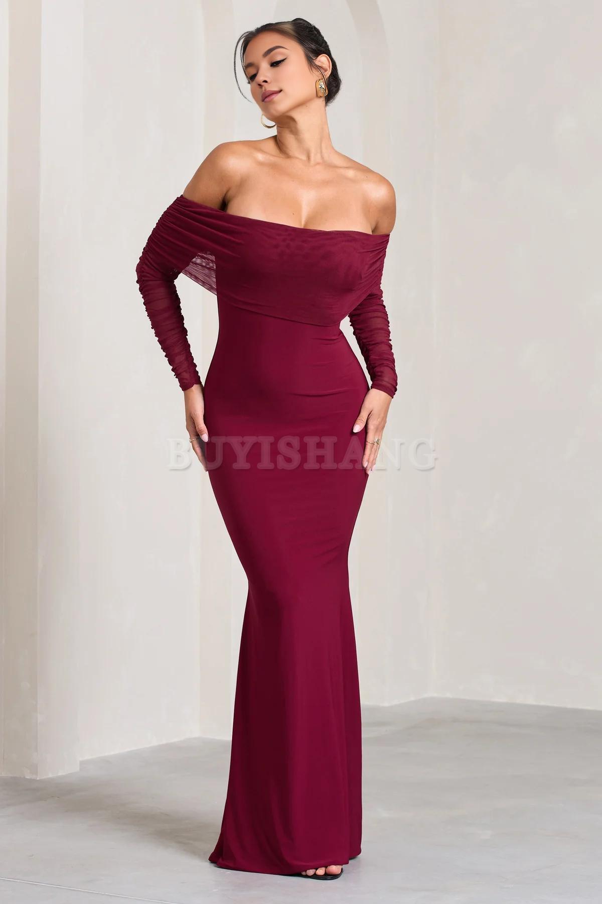Buyishang Elegant fishtail dress with Bardot mesh long sleeves simple and fashionable stores with prom dresses