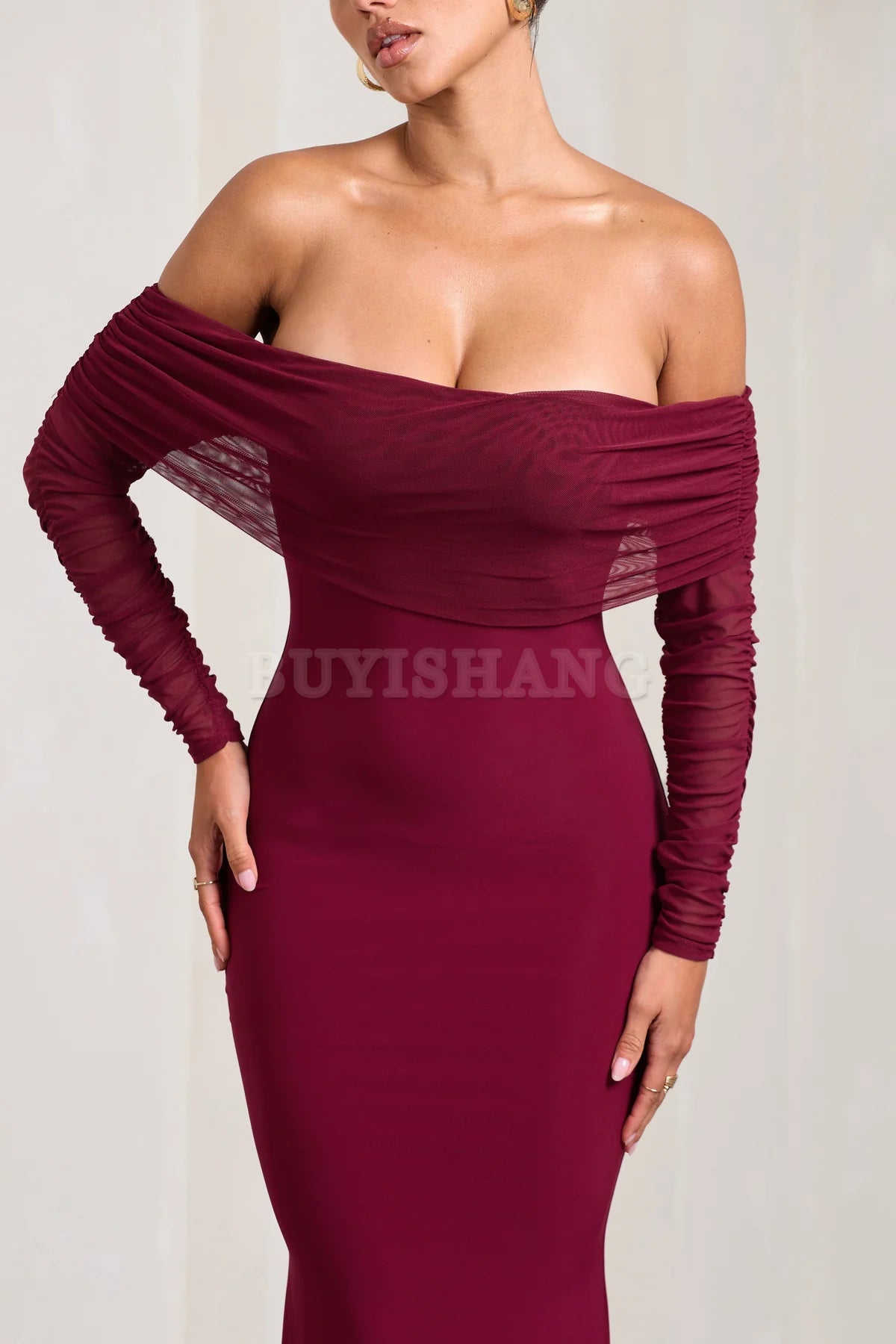 Buyishang Elegant fishtail dress with Bardot mesh long sleeves simple and fashionable stores with prom dresses