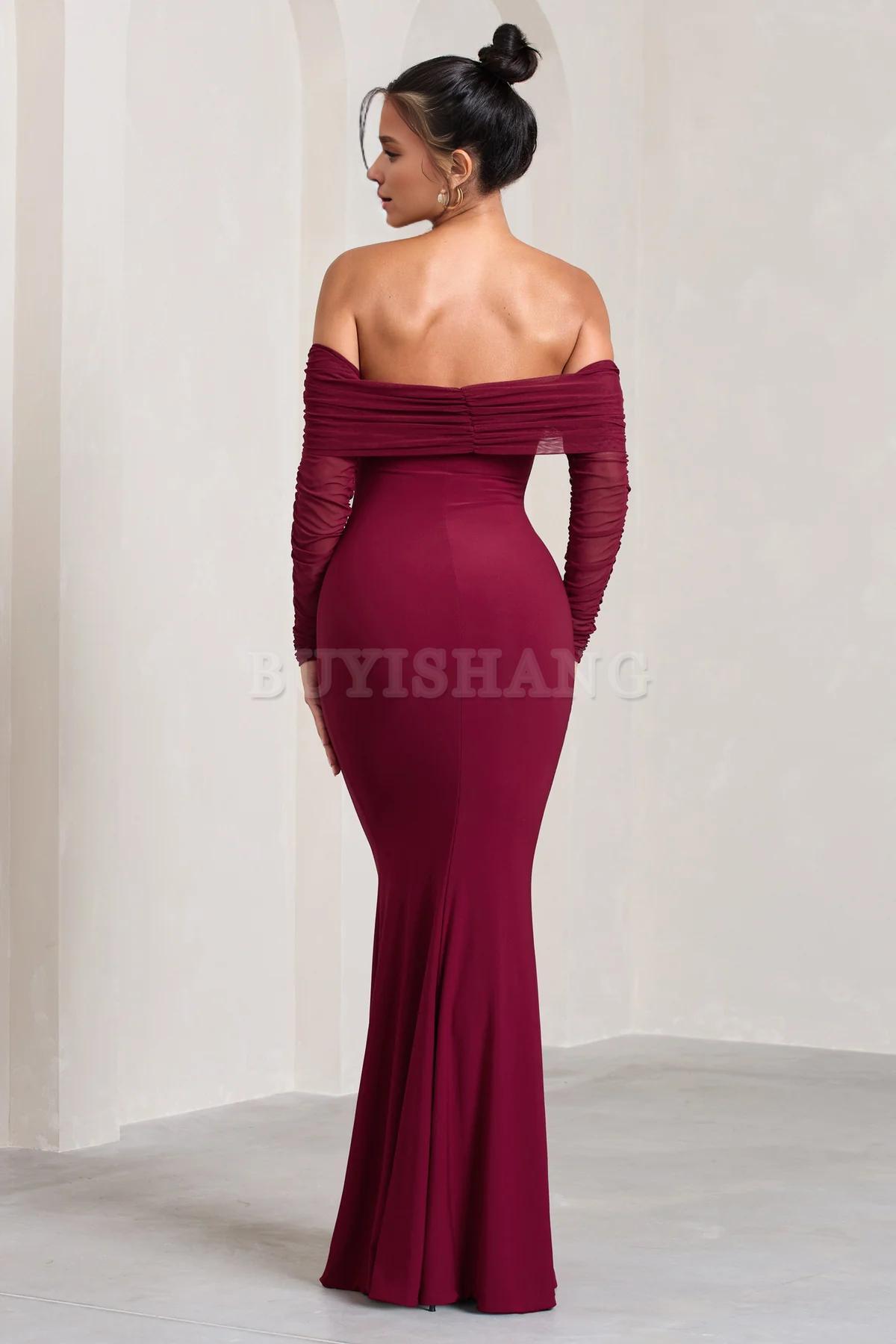 Buyishang Elegant fishtail dress with Bardot mesh long sleeves simple and fashionable stores with prom dresses