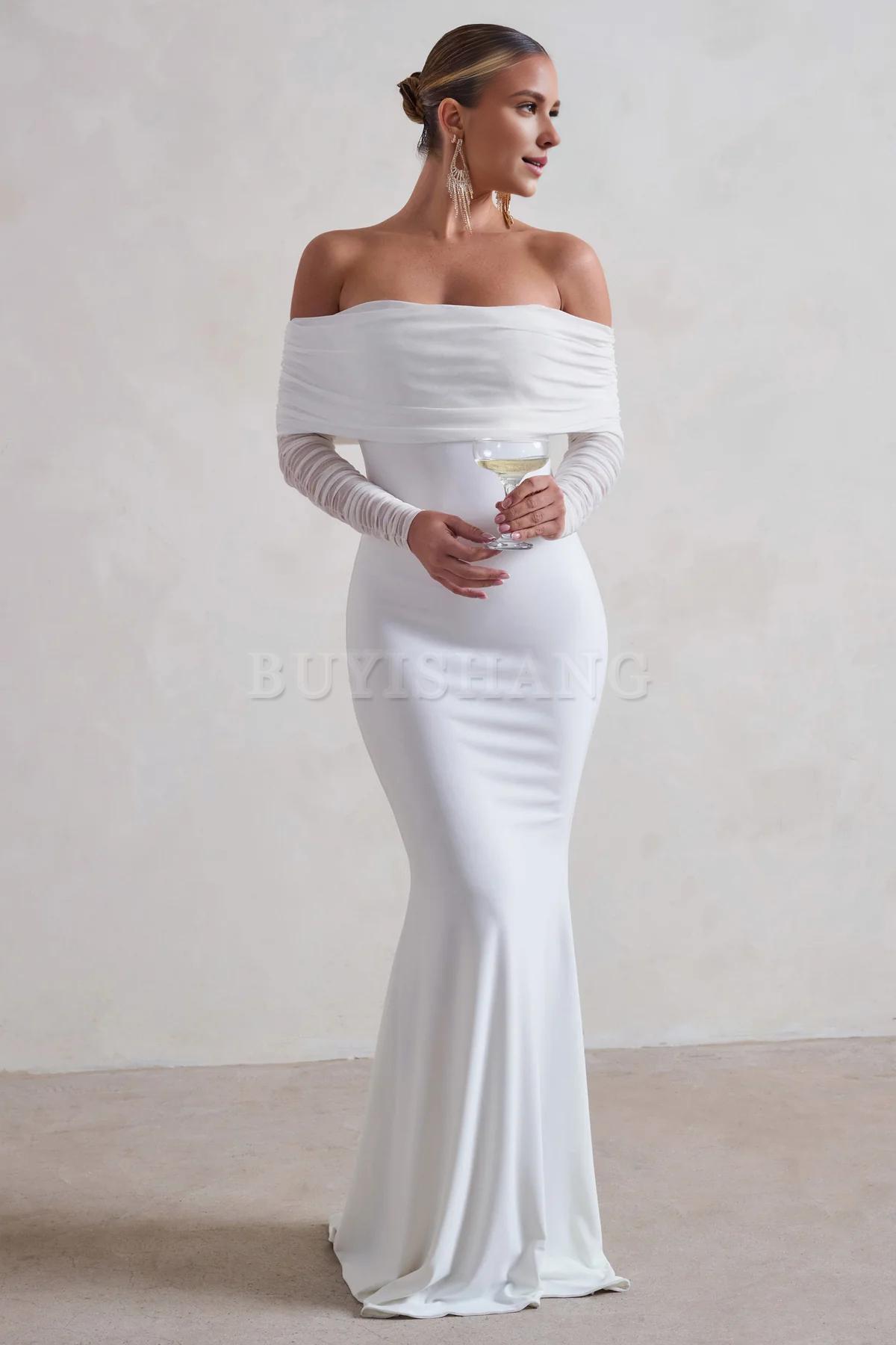 Buyishang Elegant fishtail dress with Bardot mesh long sleeves simple and fashionable stores with prom dresses